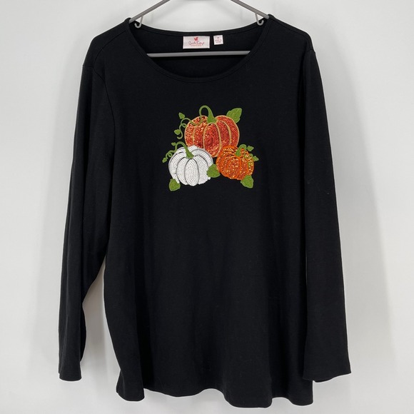 Quacker Factory Black Novelty Sequin Pumpkin Fall Long Sleeve Top 1X Holiday - Picture 1 of 4